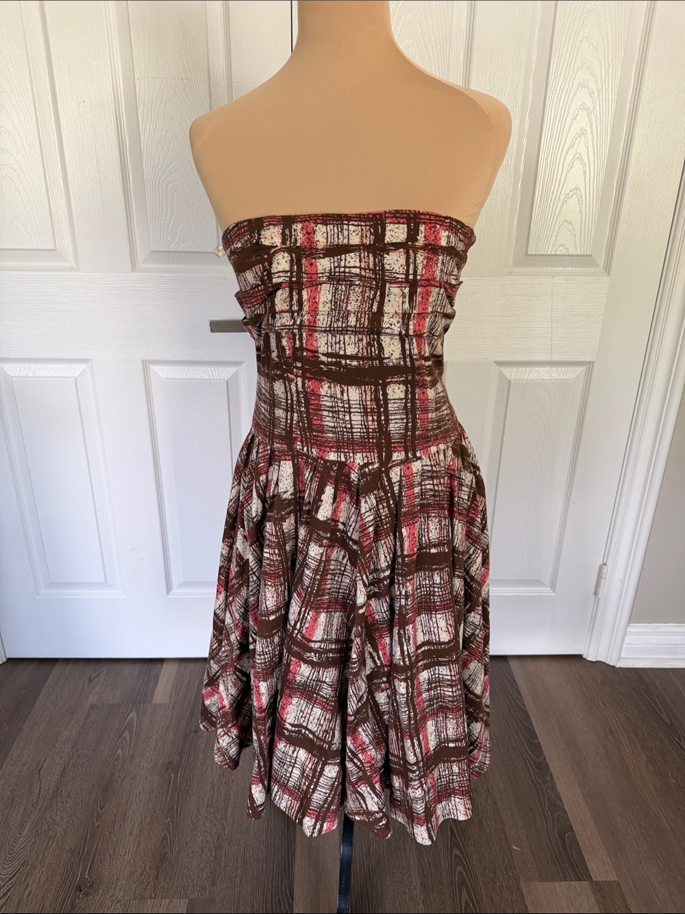 Strapless Brown & Pink Plaid Dress Anthropology Elevenses 100% cotton
